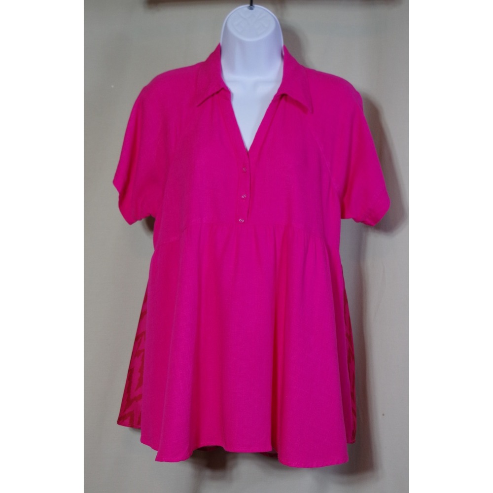 Umgee USA Women's Size? Hot Pink Chevron Ikat Back Peplum Tunic Short Sleeve